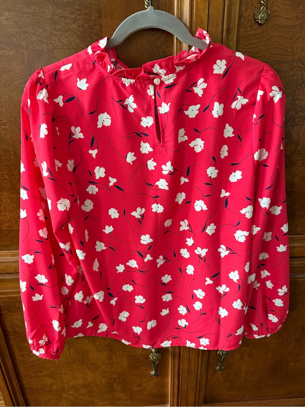 J. Crew Red Floral Ruffle-Neck Blouse